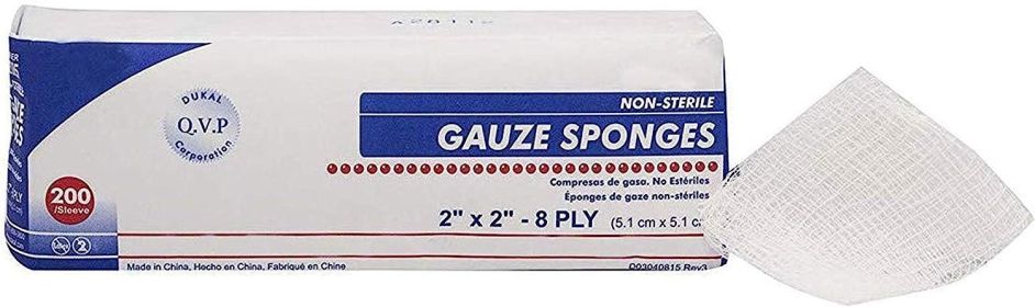 Gauze Sponges 2" x 2". Pack of 200 8-ply Gauze Dressings for Wound Cleaning; prepping; debriding; Packing. Non-sterile; 100% Cotton; Latex-Free